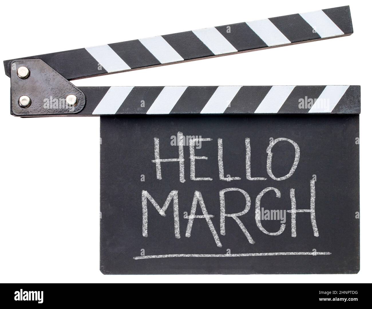 Hallo Marsch in weißer Kreide auf Klapptafel isoliert auf weiß Stockfoto