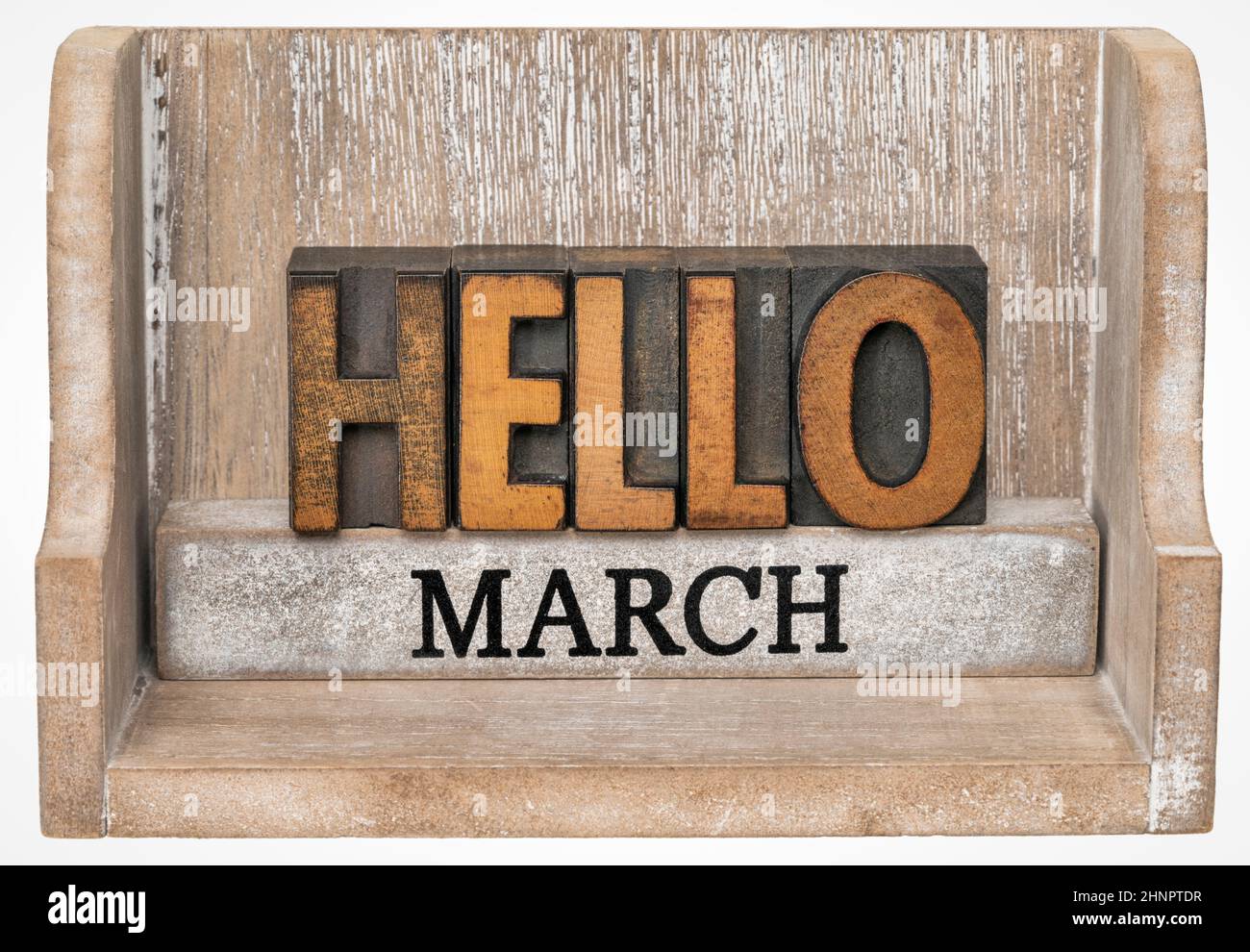 Hallo März im Vintage-Buchdruck Holzart innen Grunge Holzkiste, Kalender-Konzept Stockfoto