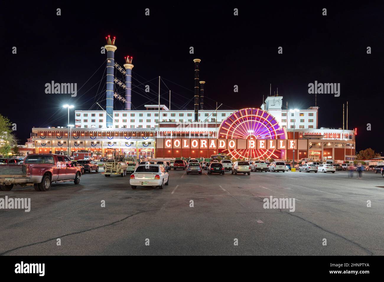 Nachtansicht der Spielstadt Laughlin. Stockfoto