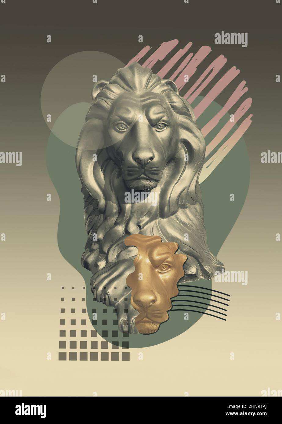 Collage mit Löwen im Pop-Art-Stil. Modernes kreatives Konzeptbild mit alter Statue. Stockfoto