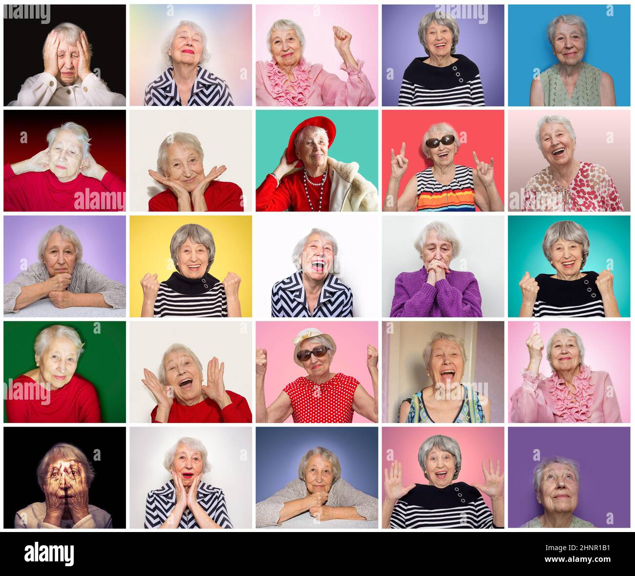 Die Collage aus verschiedenen Emotionen der älteren Frau Stockfoto