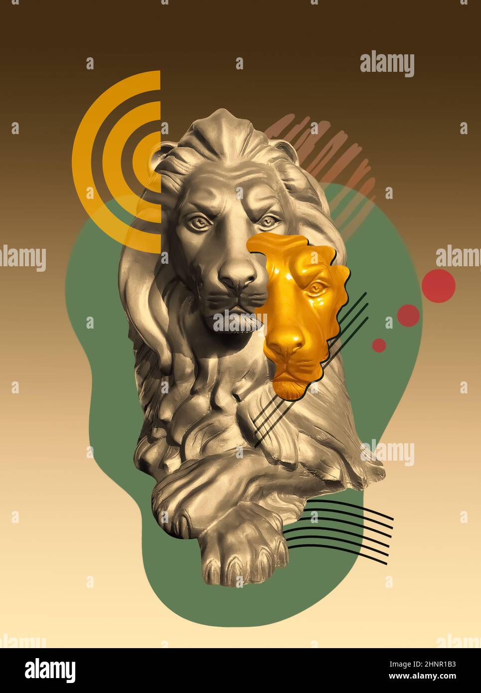 Collage mit Löwen im Pop-Art-Stil. Modernes kreatives Konzeptbild mit alter Statue. Stockfoto