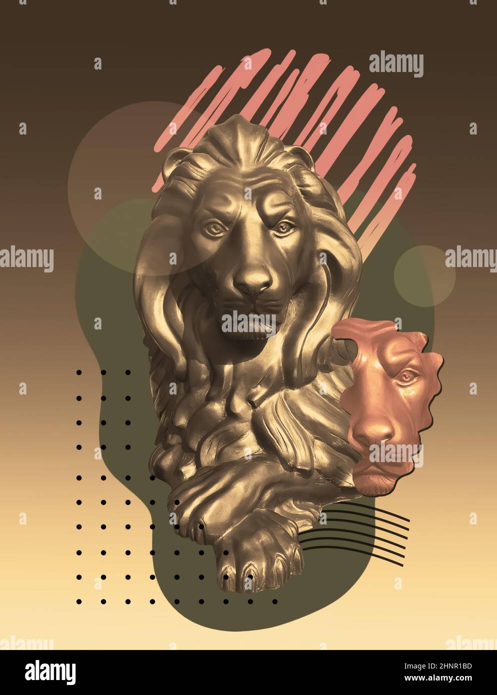 Collage mit Löwen im Pop-Art-Stil. Modernes kreatives Konzeptbild mit alter Statue. Stockfoto