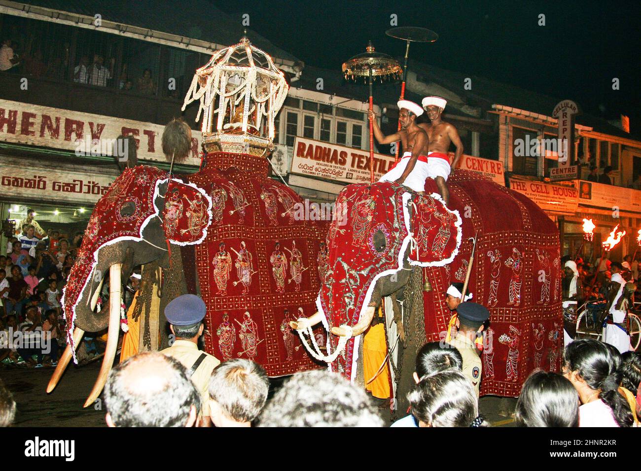 Auf dem Festival Pera Hera in Candy reiten Männer auf ihren schön gekleideten, trainierten Arbeitselefanten Stockfoto