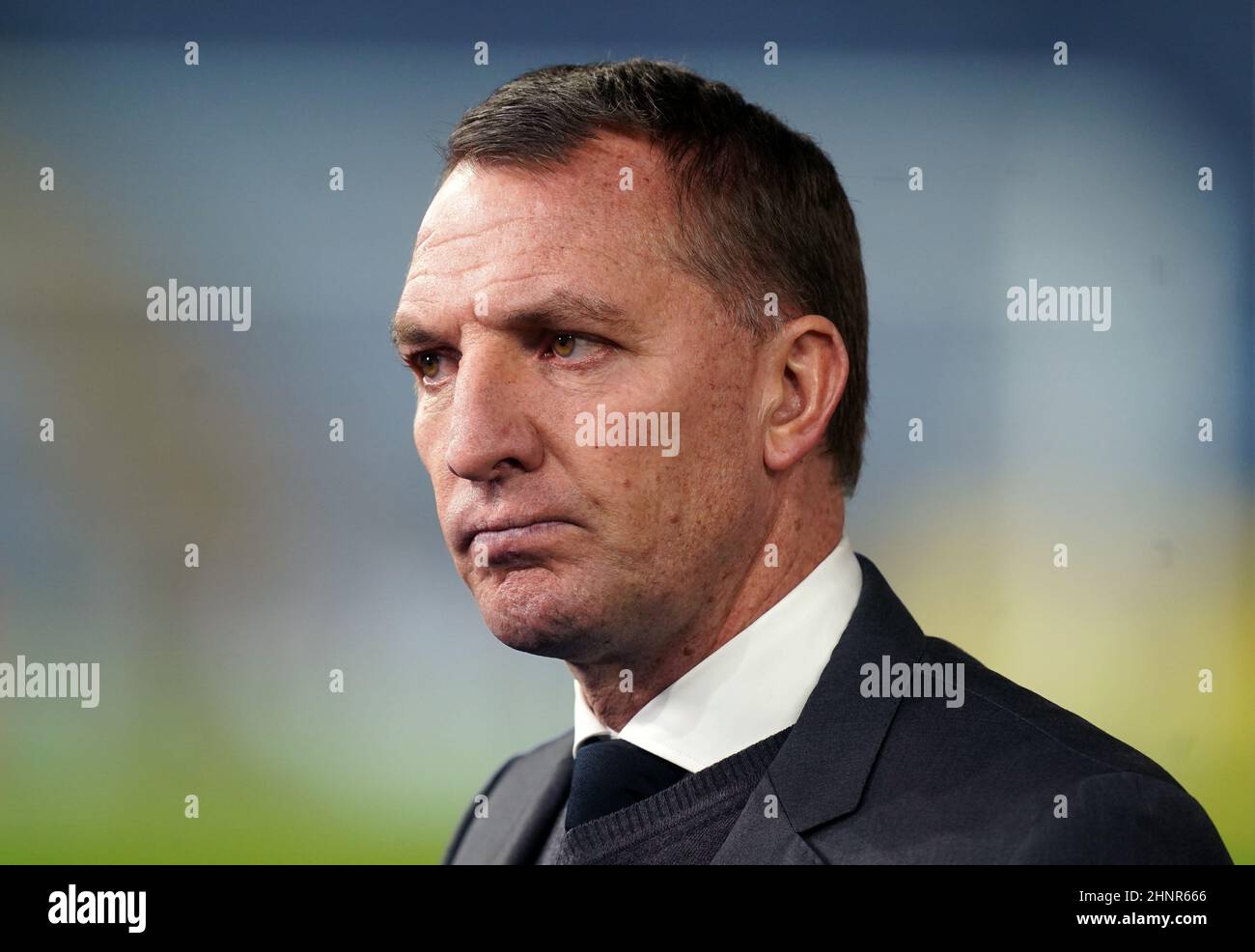 Brendan Rodgers, Leicester City Manager, spricht nach dem UEFA Europa Conference League Playoff 1st Leg im King Power Stadium, Leicester, mit den Medien. Bilddatum: Donnerstag, 17. Februar 2022. Stockfoto