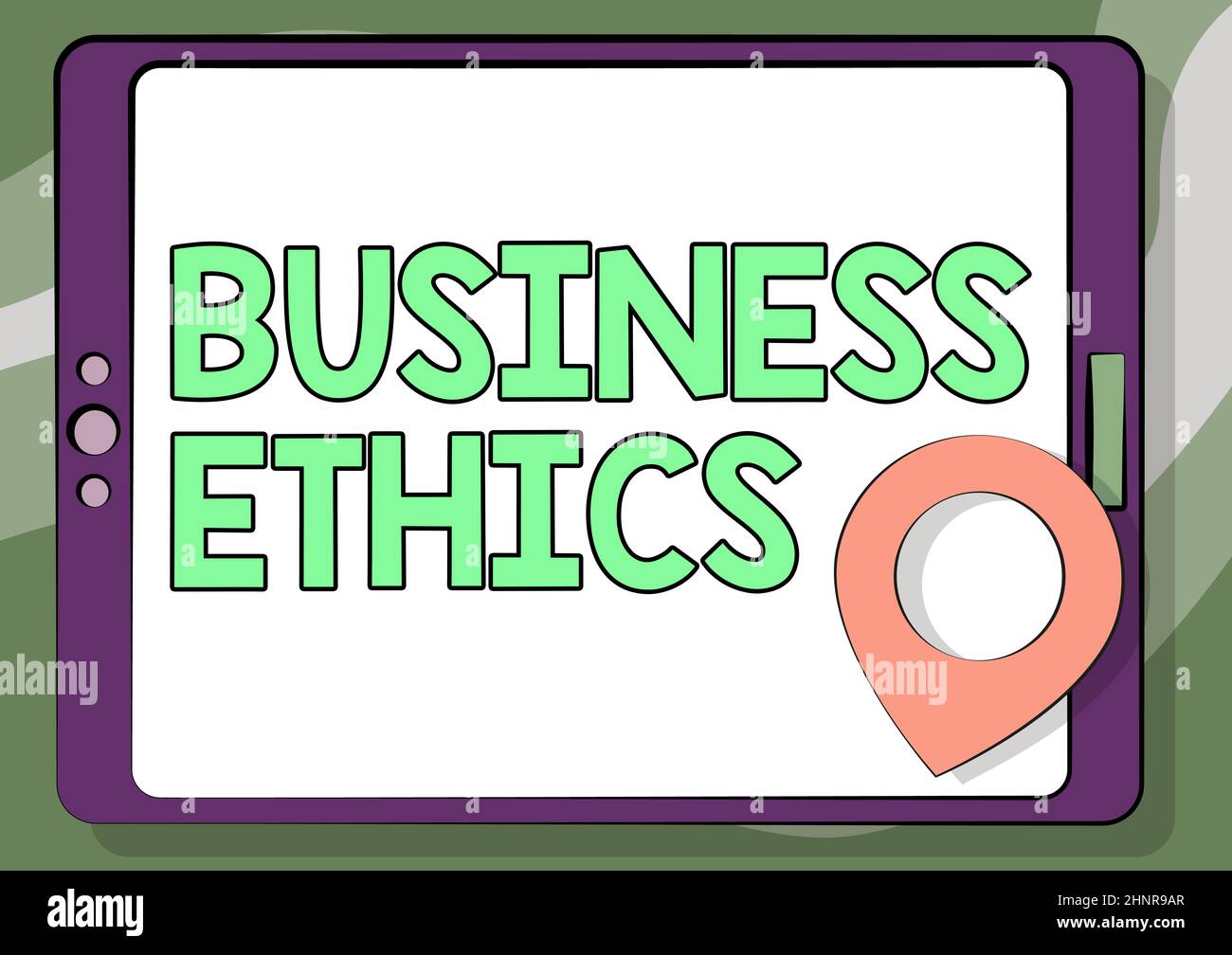 Schreiben mit Text Business Ethics. Geschäftskonzept moralische Prinzipien, die die Art und Weise eines Unternehmens Verhalten Computer Tablet Zeichnung mit Clear Touchscreen und Standort-Pin leiten. Stockfoto