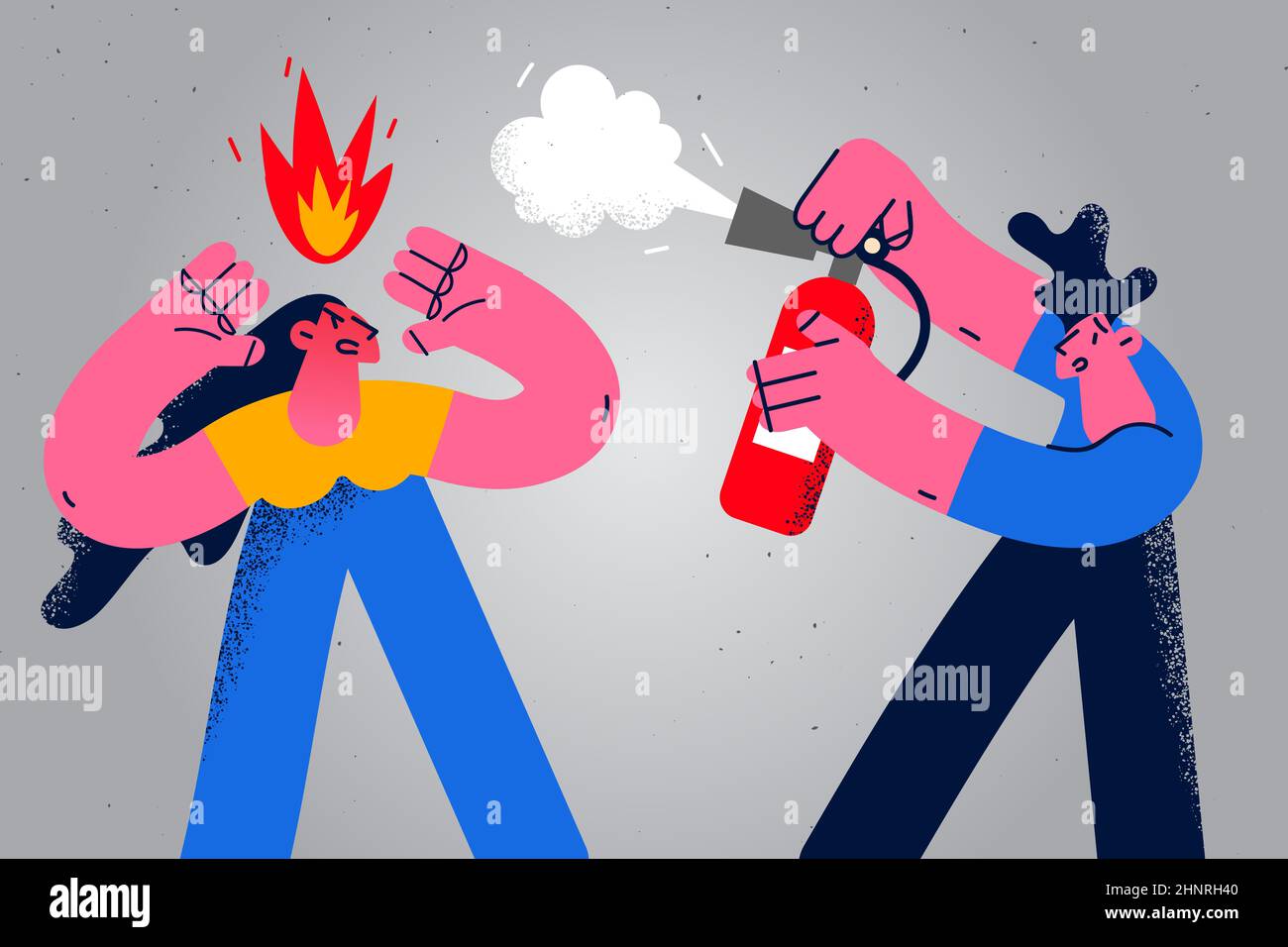 Gefühl wütend und wütend Konzept. Junger Mann, der Feuer auf wütende Wut wütend Frau Cartoon-Figur mit Feuerlöscher Vektor-Illustration Stockfoto