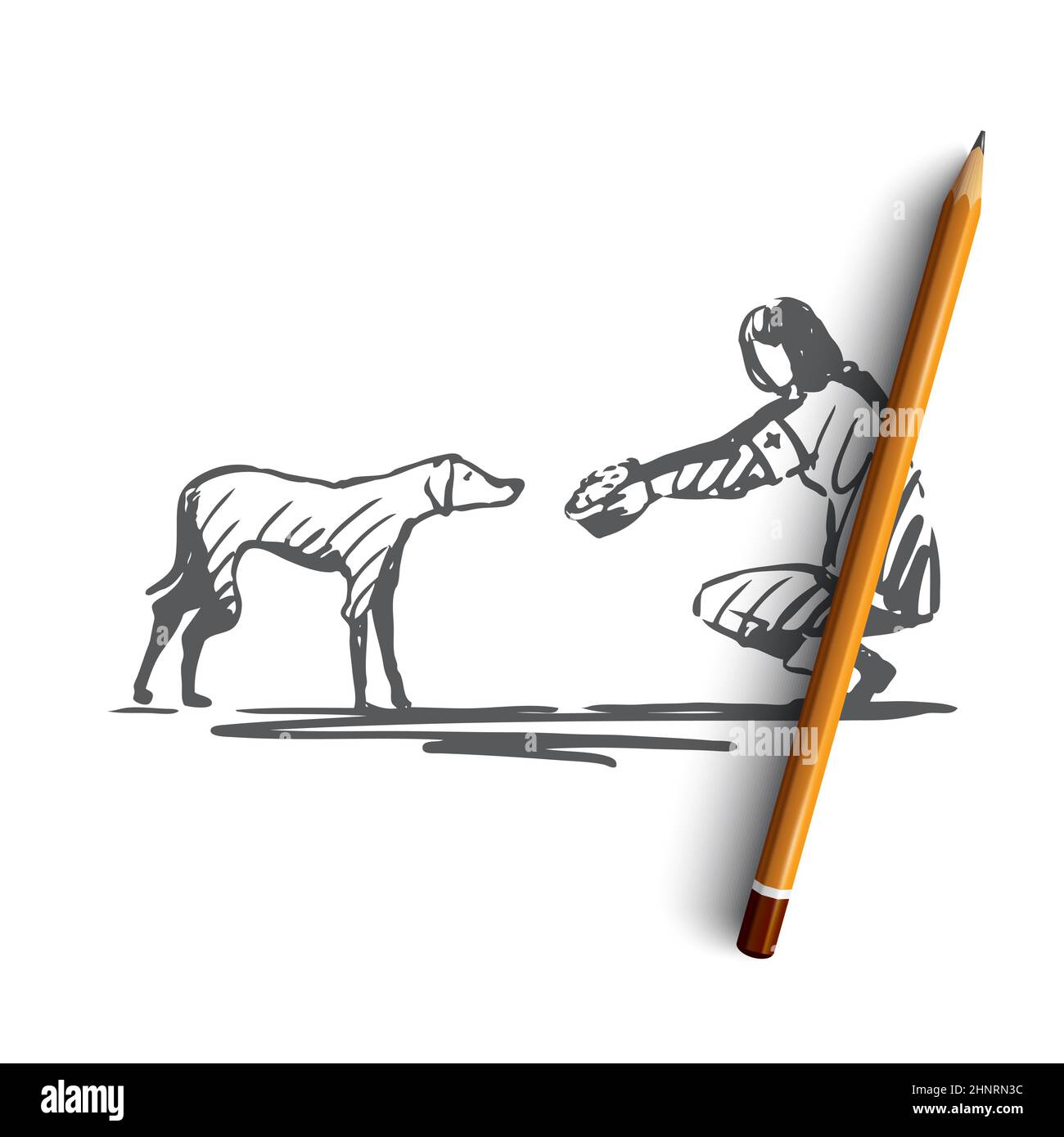 Volunteer, Street, Animal, help-Konzept. Handgezeichnete freiwillige Fütterung Straße Tier Konzept Skizze. Isolierte Vektordarstellung. Stockfoto