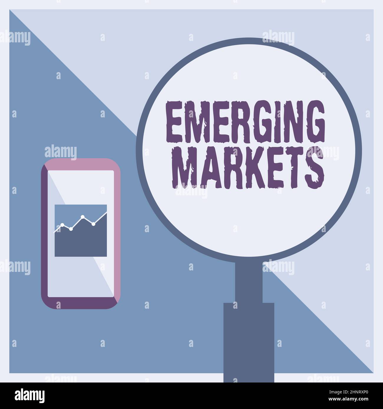 Schild mit Emerging Markets. Überblick über das Unternehmen Land, das einige Merkmale entwickelter Geschäfte aufweist Abbildung des aktiven Smartphones neben Einem großen Vergrößerungsglas. Stockfoto