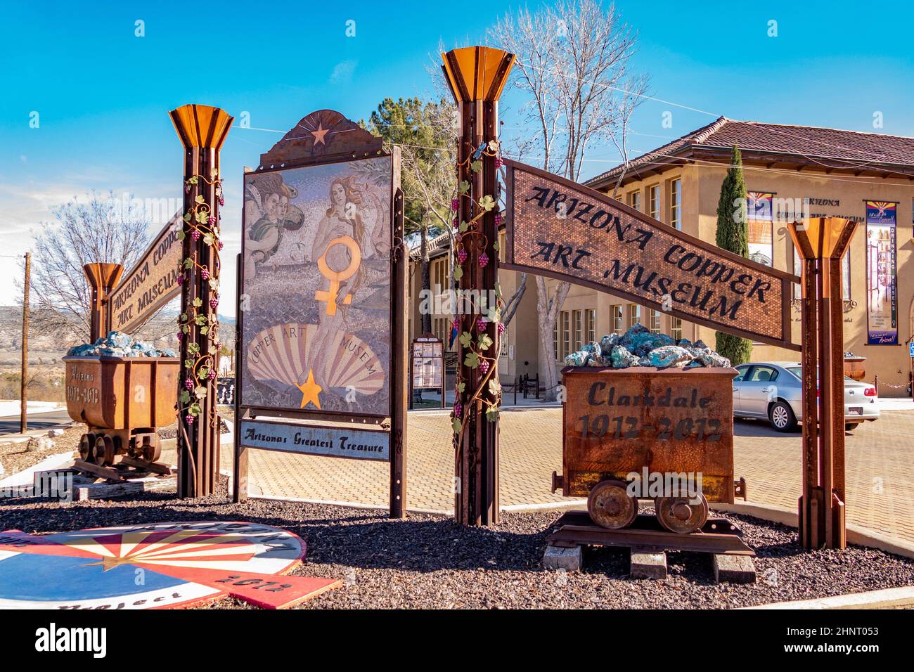 Historisches Copper Art Museum Gebäude Eingang Außenansicht in Clarkdale Arizona Stockfoto