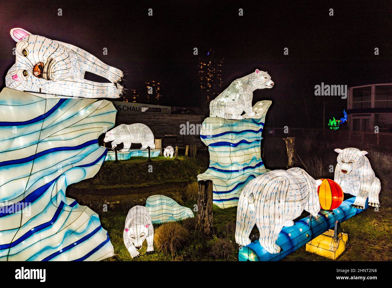 CHINA LIGHT-FESTIVAL im Kölner Zoo mit vielen Tieren aus Glühbirnen und chinesischen Lichttechniken. Stockfoto