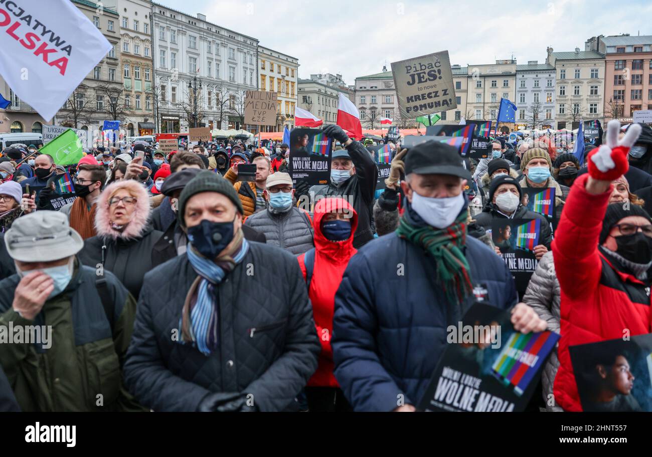 Freie Medien, freie Menschen, freies Polen. Protest in Krakau gegen lex TVN Stockfoto