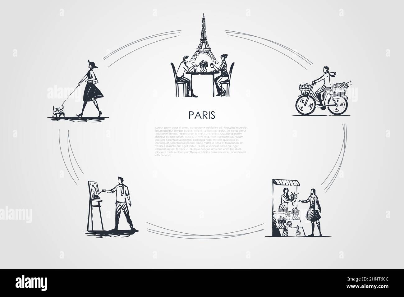 Paris - Menschen Fahrrad fahren, Kaffee trinken mit Eiffel Handtuch hinter,  malen, kaufen Blumen, Walking Dog Vektor-Konzept-Set. Handgezeichnete  Skizze i Stockfotografie - Alamy