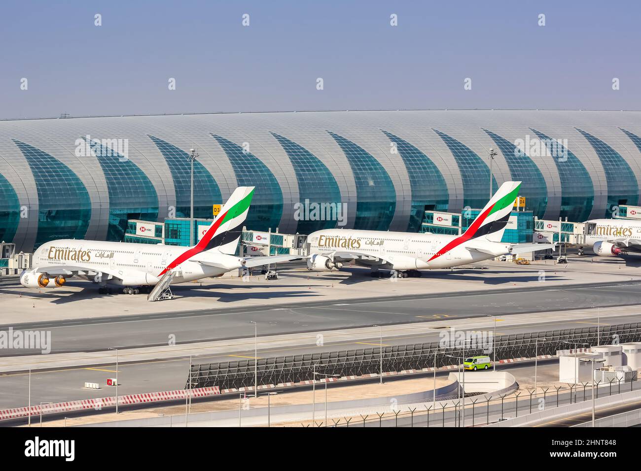 Emirates Airbus A380 Flugzeuge Flughafen Dubai in den Vereinigten Arabischen Emiraten Stockfoto