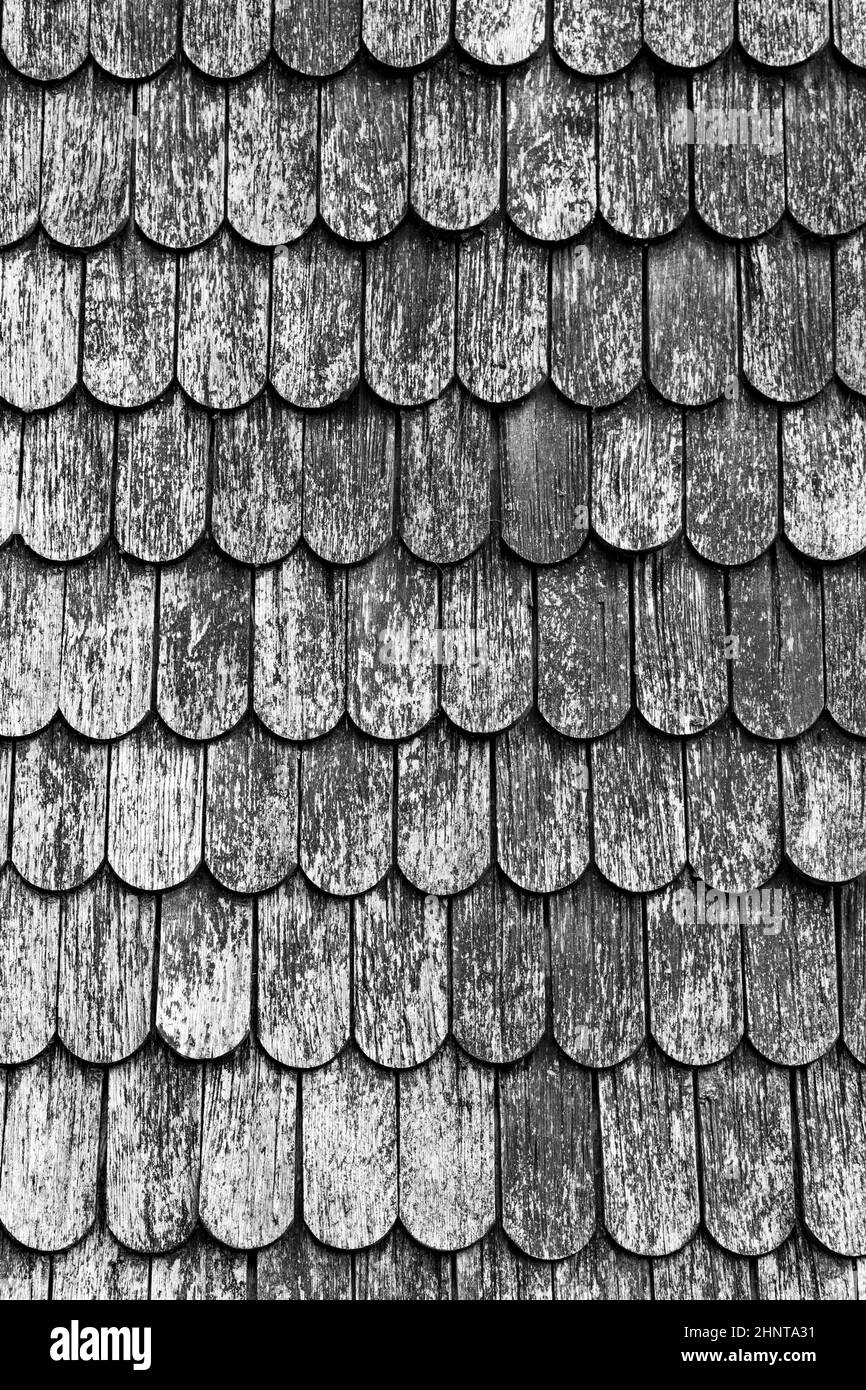 Alte Holzschindeln auf dem Dach der niederländischen Windmühle in Benz Stockfoto