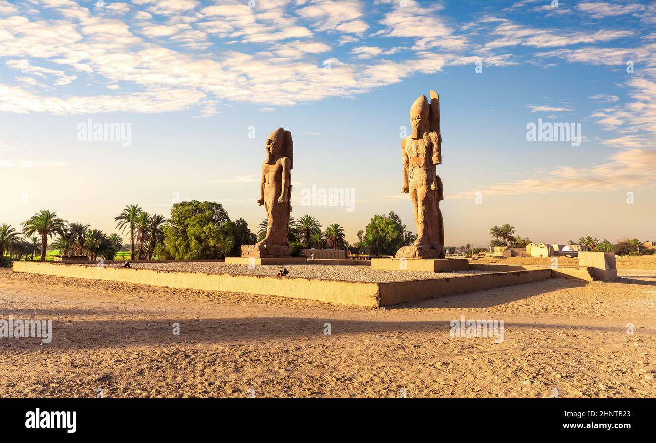 Kolossale Statuen auf dem Weg zum Totentempel der Hatschepsut, Luxor, Ägypten Stockfoto