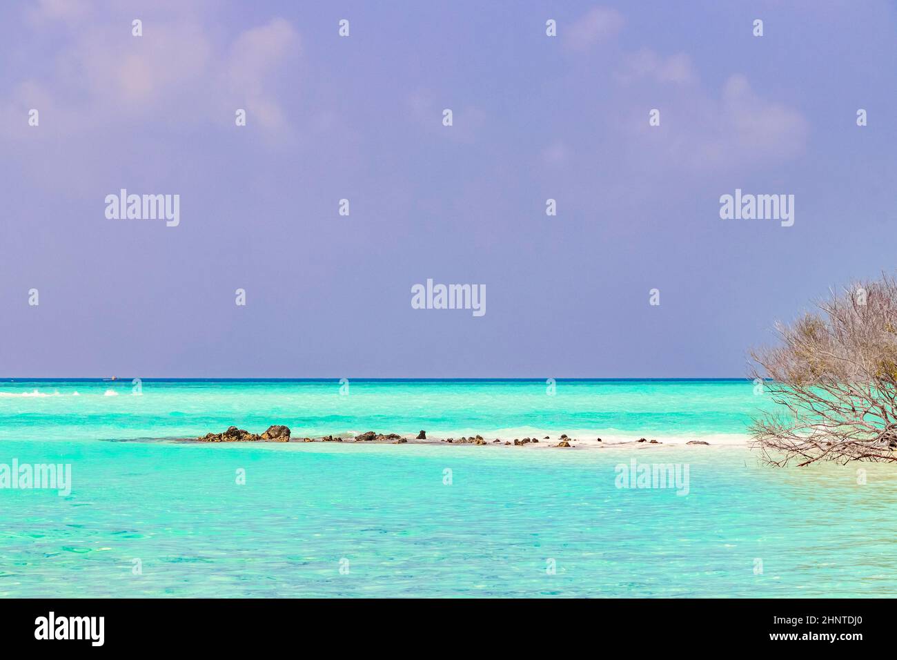 Natürliche tropische Sandbankinseln mit Farbverlauf im Wasser Madivaru und Finolhu im Rasdhoo Atoll Malediven. Stockfoto