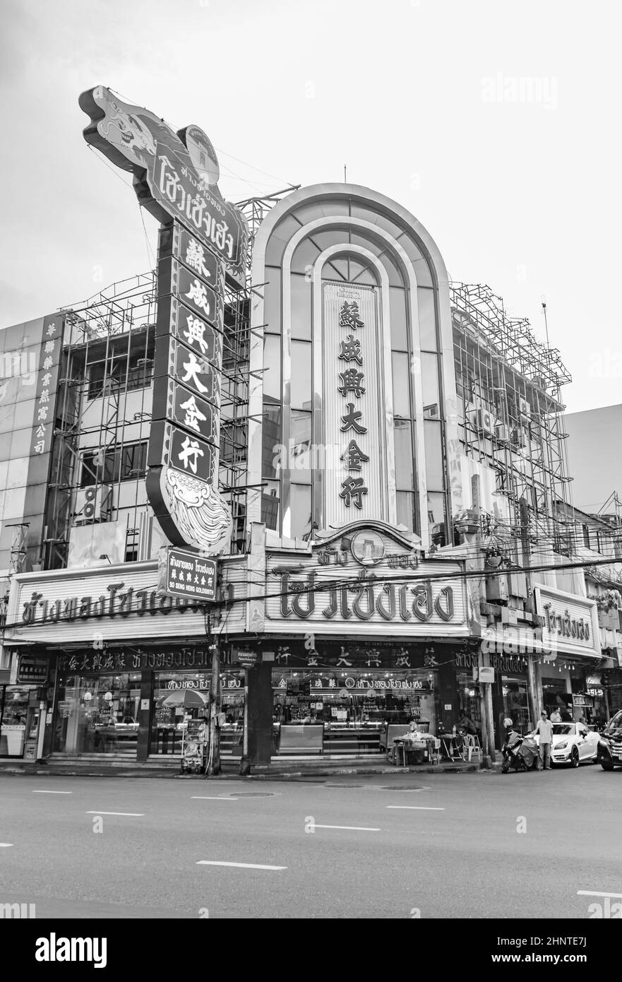 Starker Verkehr in China Town schwarz-weiß Bangkok Thailand. Stockfoto