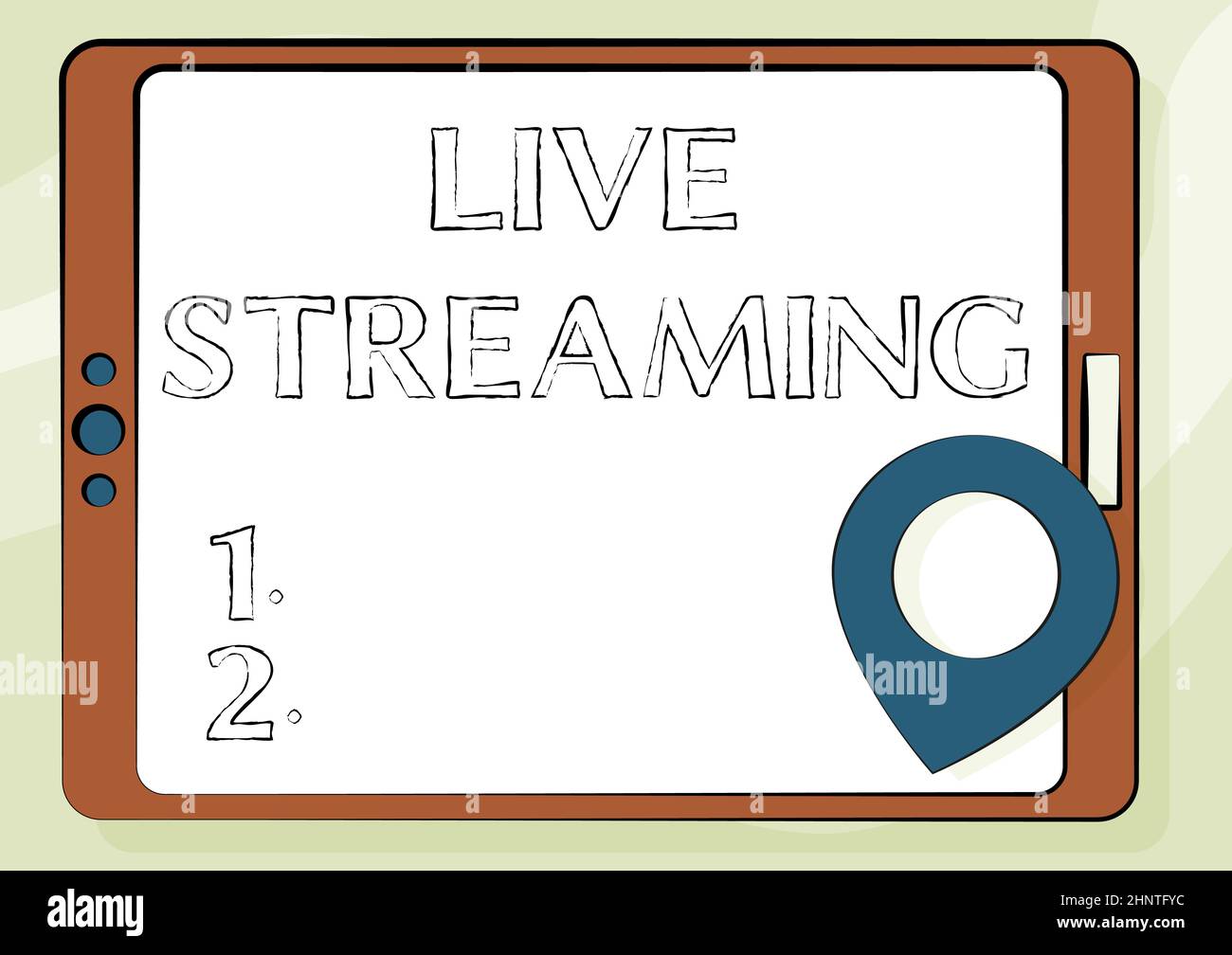 Inspiration zeigt Zeichen Live Streaming. Wort auf übertragen Live-Videoabdeckung eines Ereignisses über das Internet Computer Tablet Drawing mit Clear Touch Screen und Location Pin geschrieben. Stockfoto