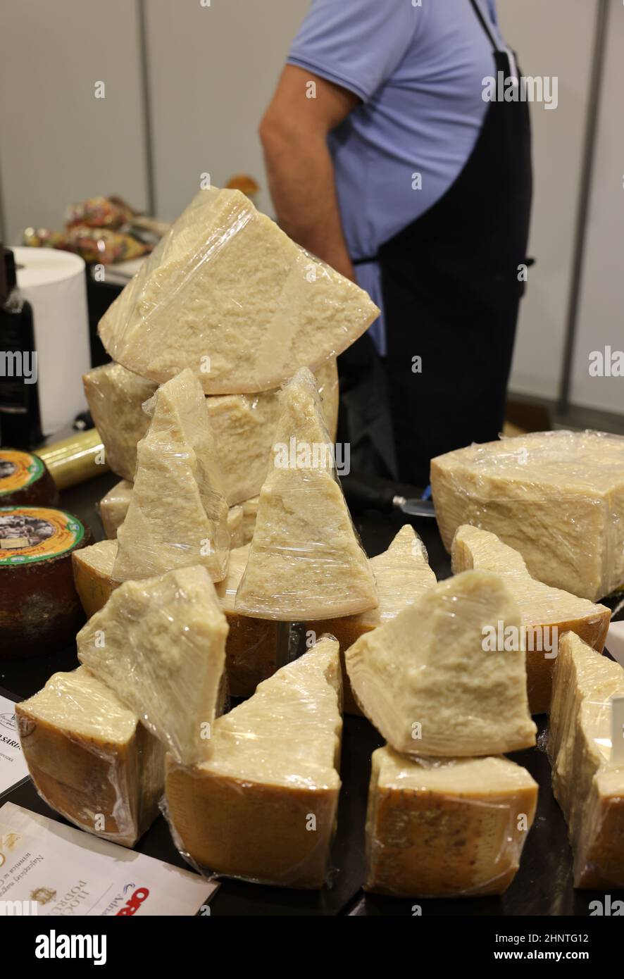 Parmigiano Reggiano Käse auf der Enoexpo und Gastrofood - Fachmesse für Lebensmittel und Getränke für Catering Stockfoto
