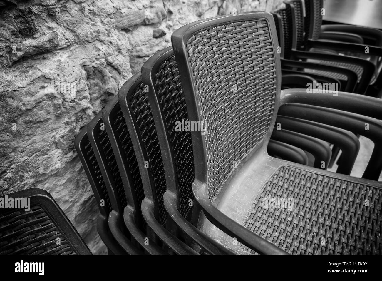 Detail der Stühle für die Terrasse, Möbel Lagerung Stockfoto