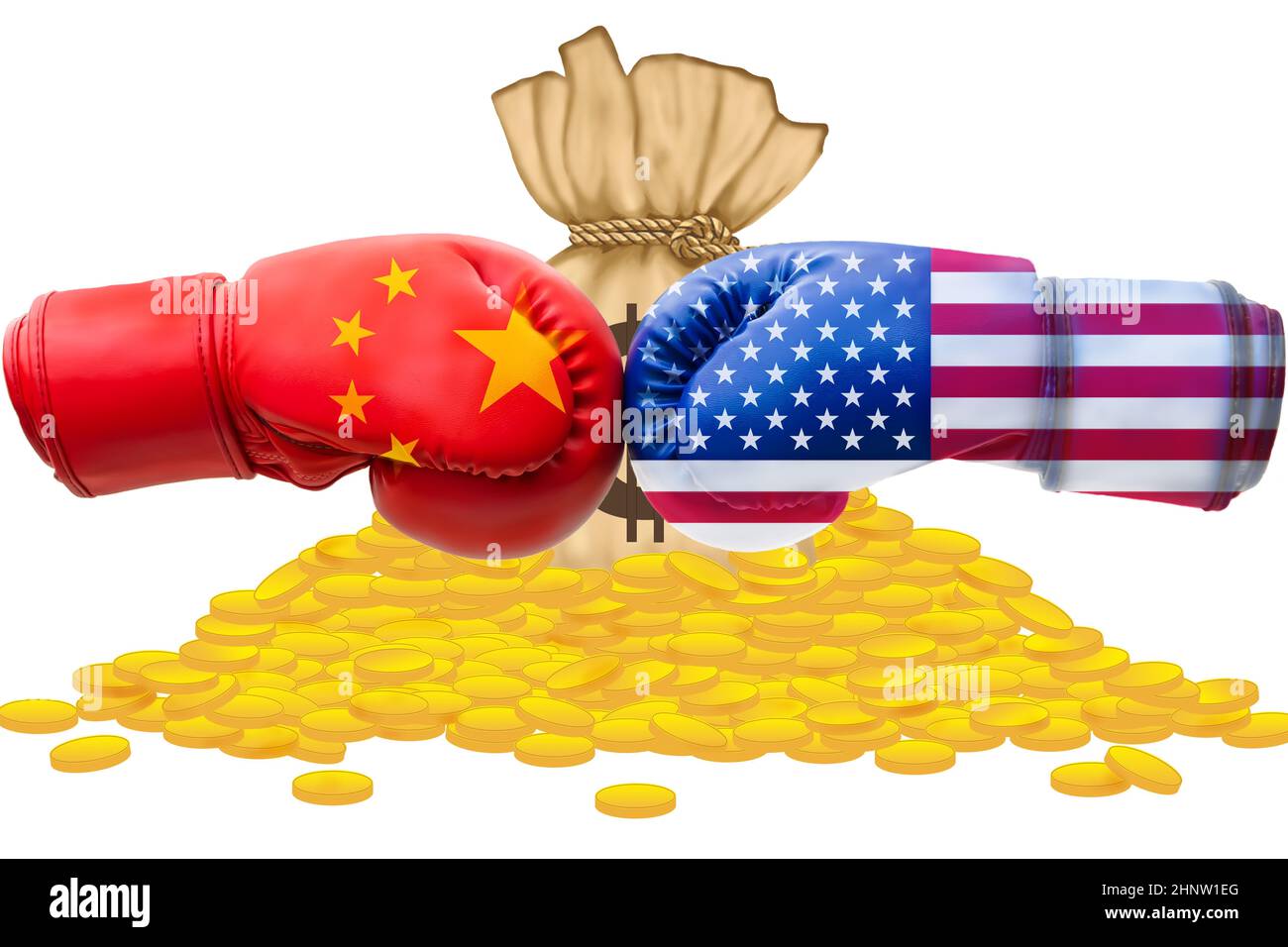 3D-Illustration Flaggen der USA und China auf Haufen von Goldmünzen Hintergrund, US china Handel Krieg Konzept. Stockfoto