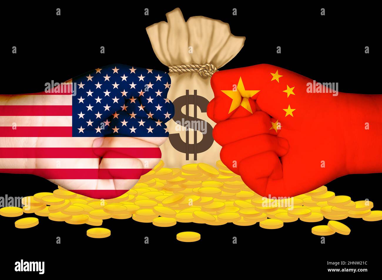 Flaggen der USA und China auf Haufen von Goldmünzen Hintergrund, US china Handelskrieg Konzept. Stockfoto