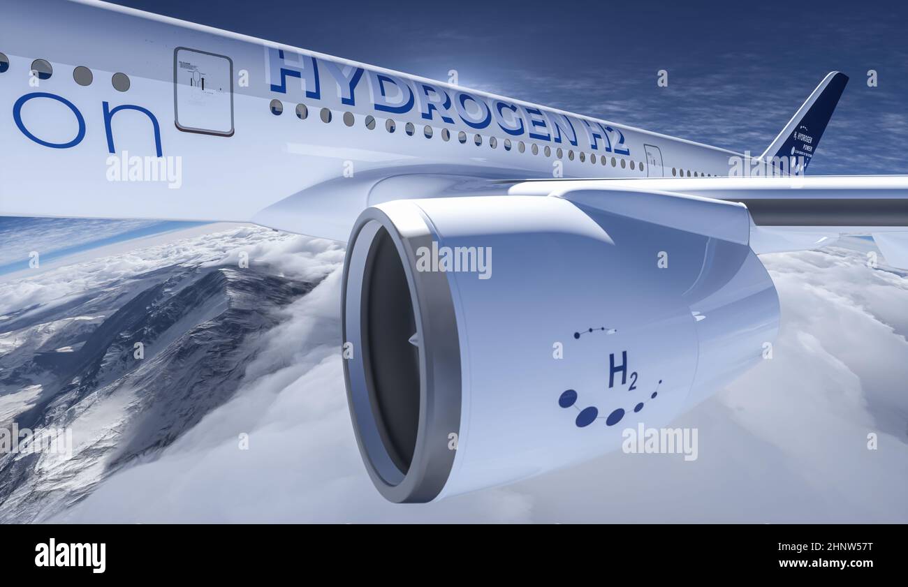 Wasserstoff gefüllt H2 Flugzeug fliegt am Himmel - Energiekonzept der Zukunft H2. 3D Rendern Stockfoto