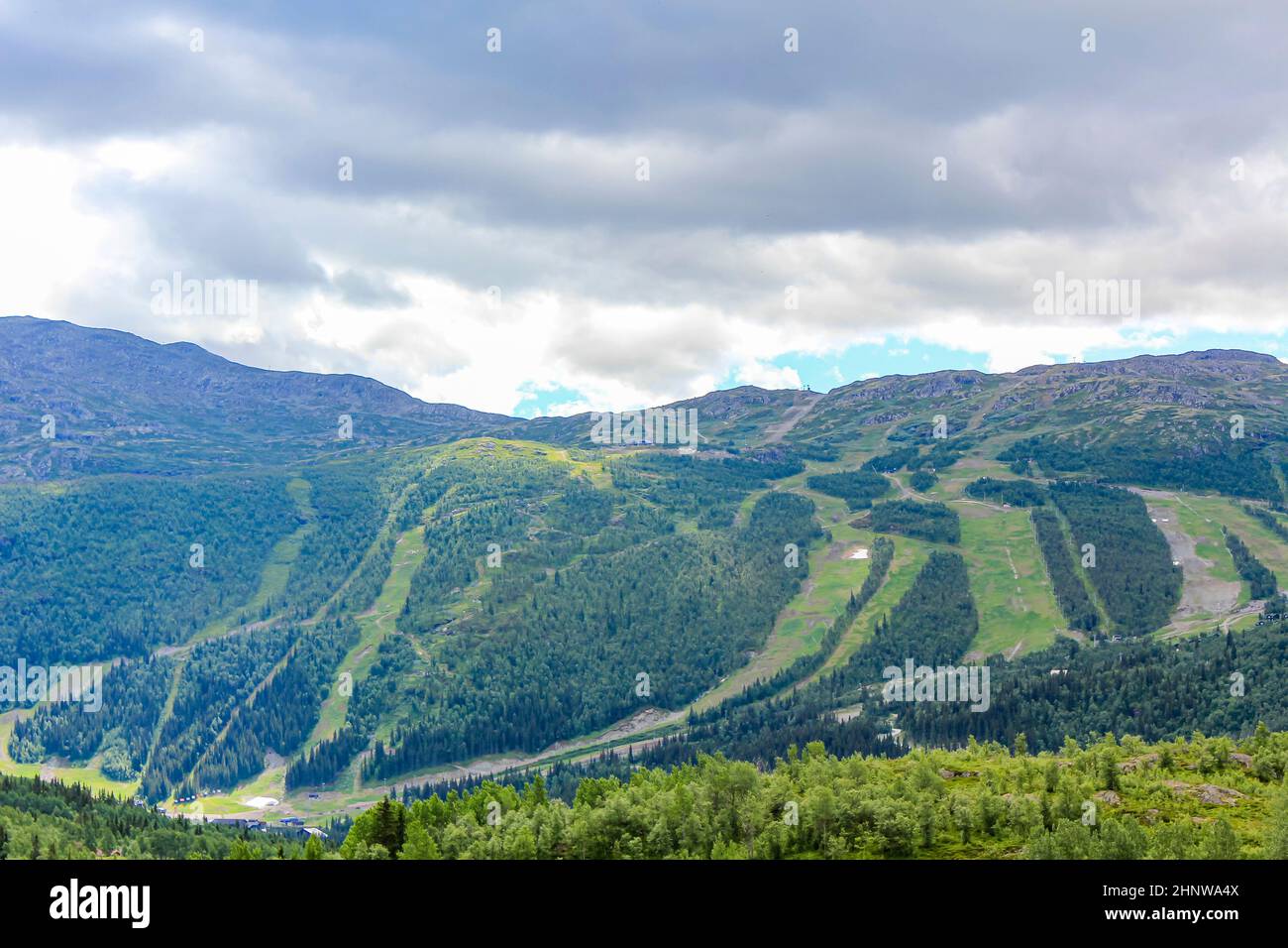 Panorama Norwegen, Hemsedal Skicenter, Berge und grüne Wiesen, Hemsedalis in Viken, Buskerud. Stockfoto