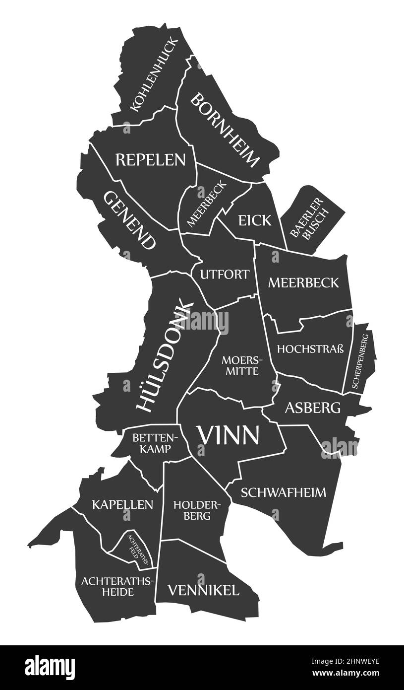 Moers Stadtplan Deutschland DE beschriftete schwarze Illustration Stockfoto