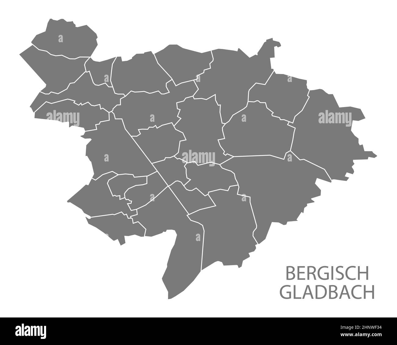 Moderner Stadtplan - Bergisch Gladbach Stadt Deutschland mit Bezirken grau DE Stockfoto