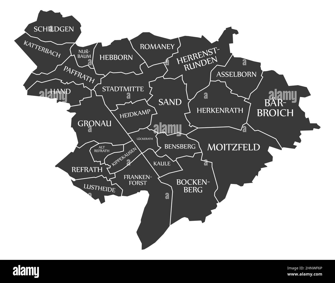 Bergisch Gladbach Stadtplan Deutschland DE beschriftete schwarze Illustration Stockfoto