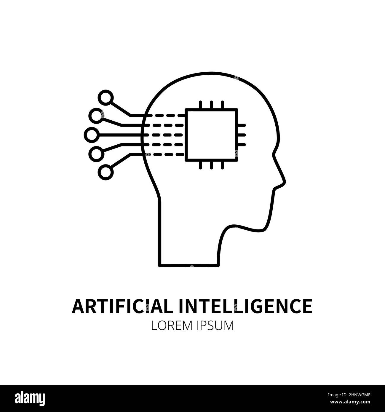 Symbol für künstliche Intelligenz und maschinelles Lernen. Kopf und cpu. Einfaches, dünnes Piktogramm. AI-Konzept. Innovatives Element der Robotertechnologie Stockfoto