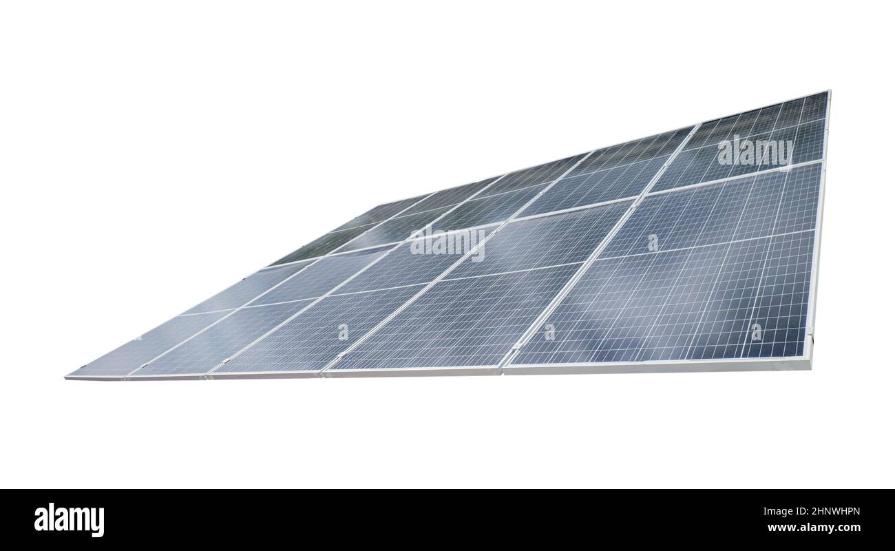 Solarmodul-Panels isoliert auf weißem Hintergrund mit Clipping-Pfad. Energiekonzept für die Umwelt. Stockfoto