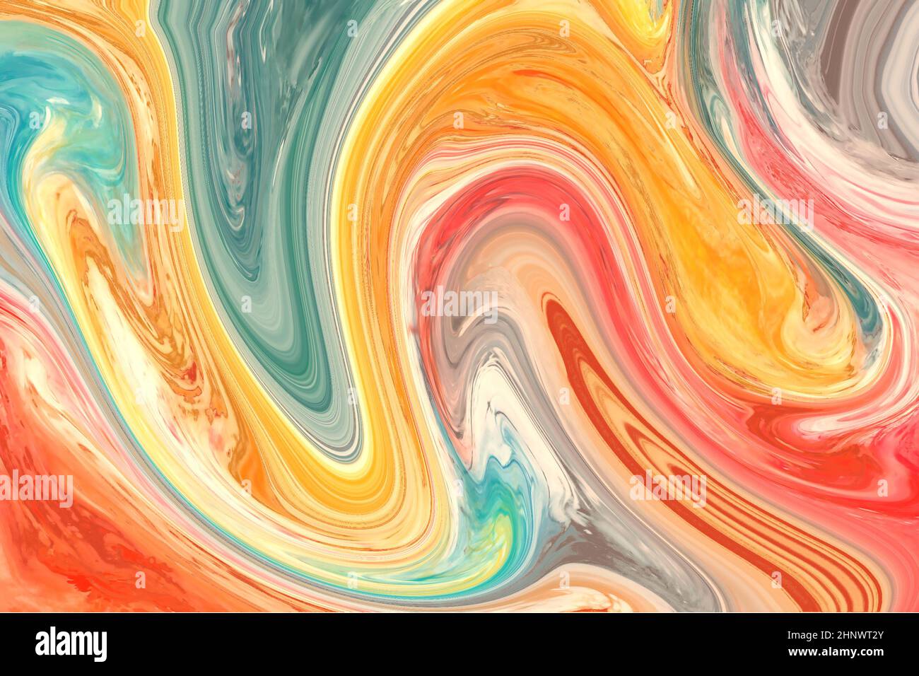 Wirbelnder, farbenfroher Hintergrund, marmoriert in roten, gelben und grünen Tönen Stockfoto