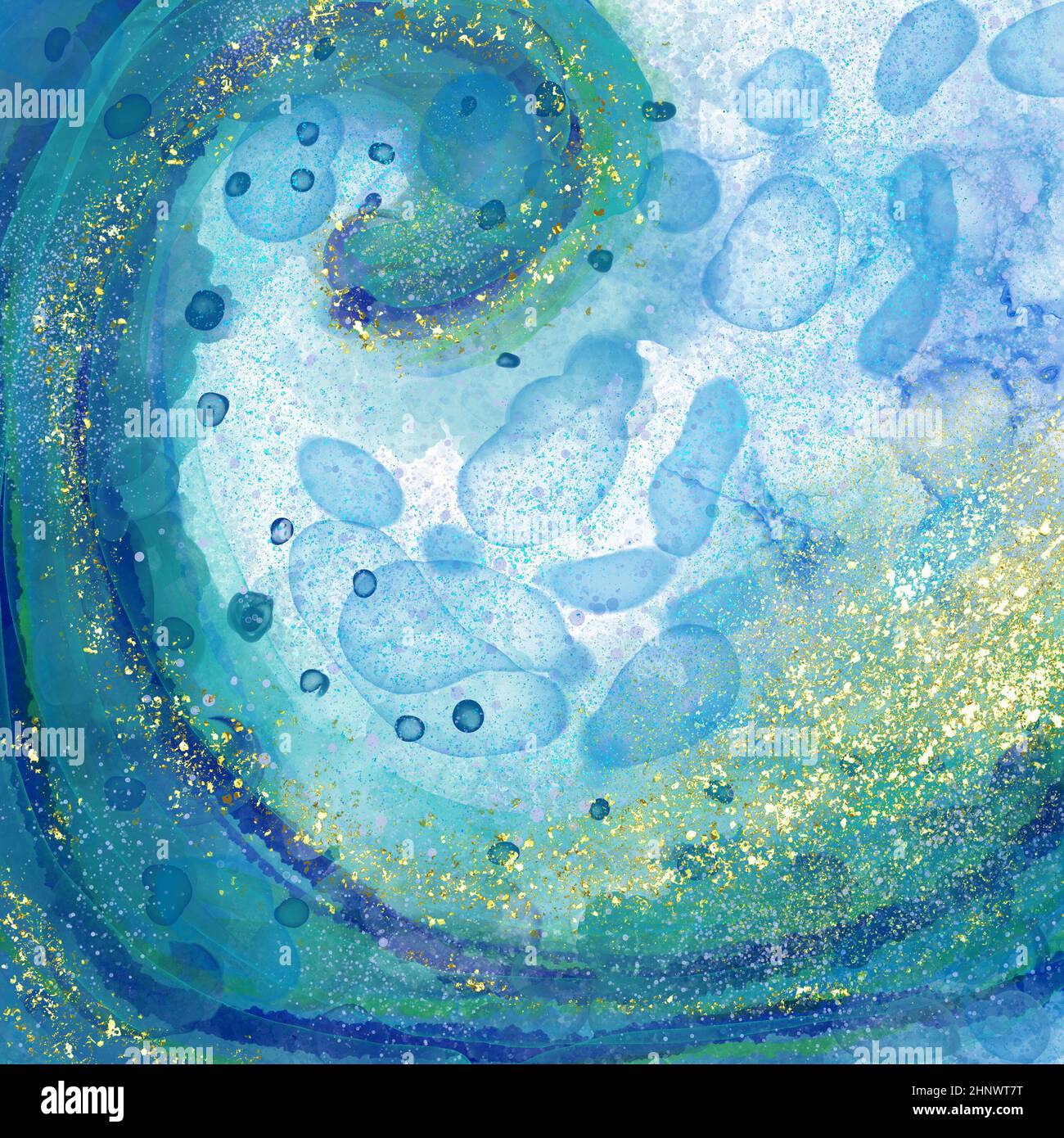 Eine blaue Welle mit Gold funkelt. Flüssigkeitsplatter Hintergrund. Stockfoto