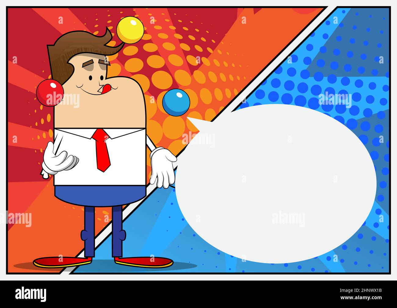 Einfache Retro-Cartoon eines Geschäftsmannes Jongleur. Professioneller Finanzmitarbeiter in Weiß trägt ein Hemd mit roter Krawatte. Stock Vektor