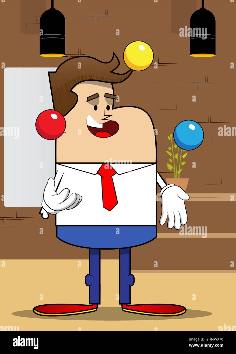 Einfache Retro-Cartoon eines Geschäftsmannes Jongleur. Professioneller Finanzmitarbeiter in Weiß trägt ein Hemd mit roter Krawatte. Stock Vektor