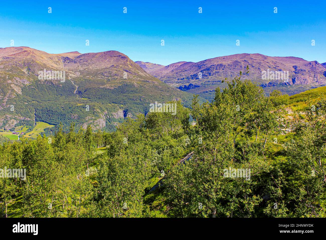 Schönes Sommerpanorama Norwegen, Hemsedal Skizentrum mit Bergen in Hemsedalis, Viken. Stockfoto