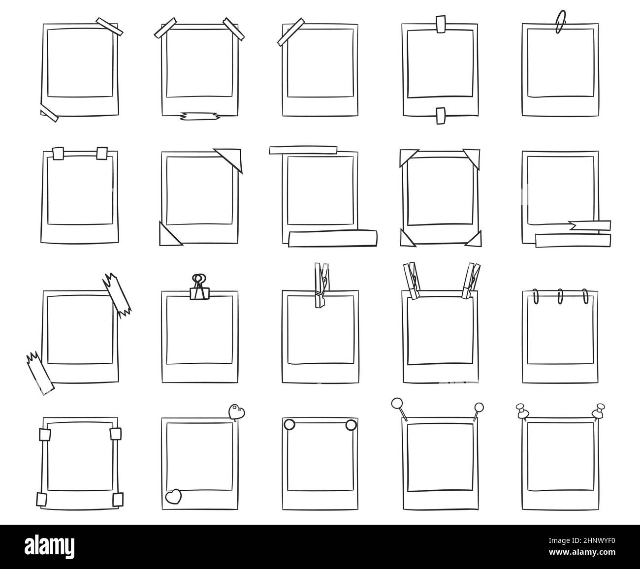 Satz von handgezeichneten schwarzen linearen polaroidrahmen, die mit Stiften und Bändern auf weißem Hintergrund befestigt sind. Stock Vektor