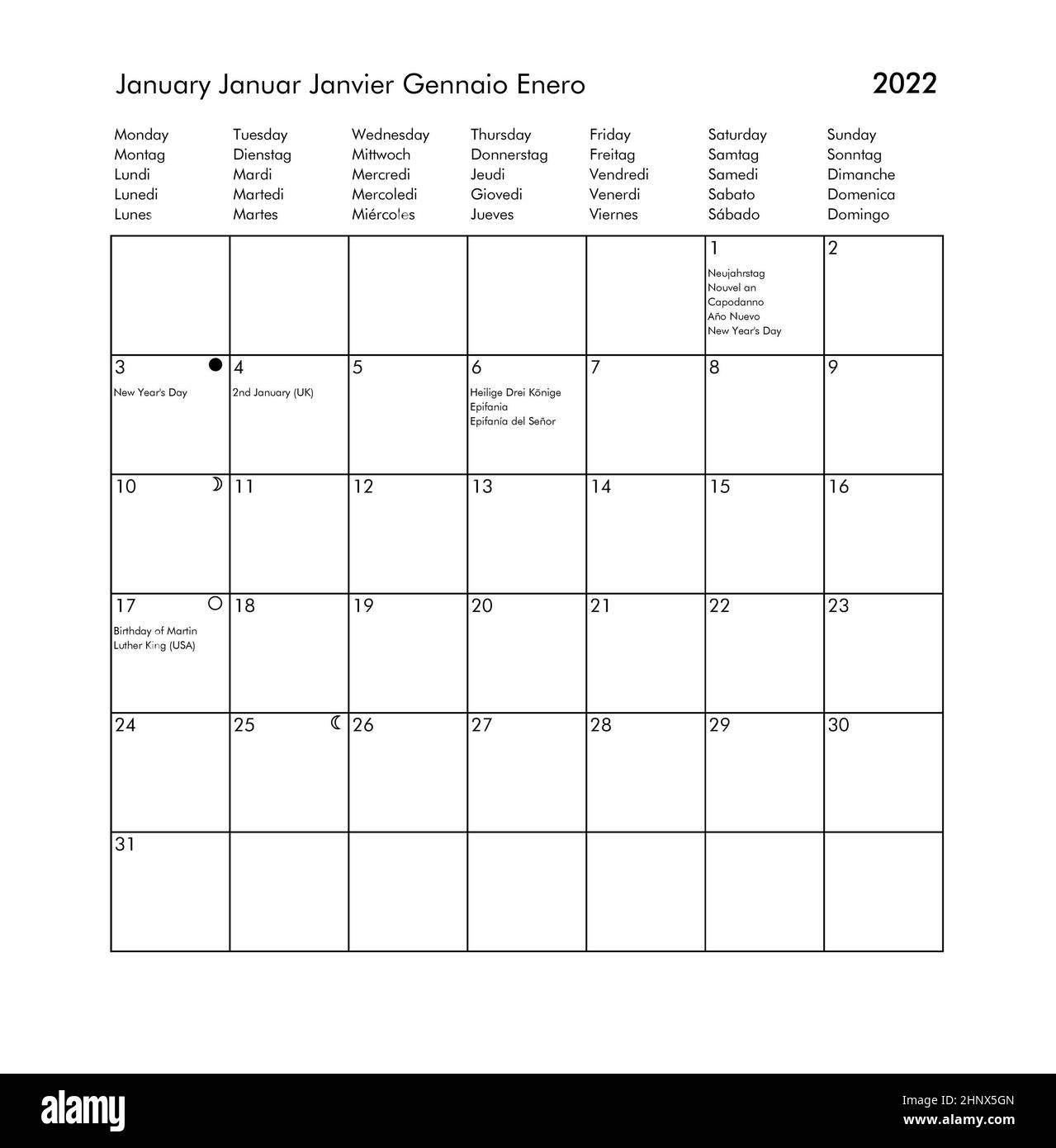 Januar Internationaler Jahreskalender 2022 mit Feiertagen und Feiertagen für UK USA Deutschland Frankreich Italien Spanien Stockfoto