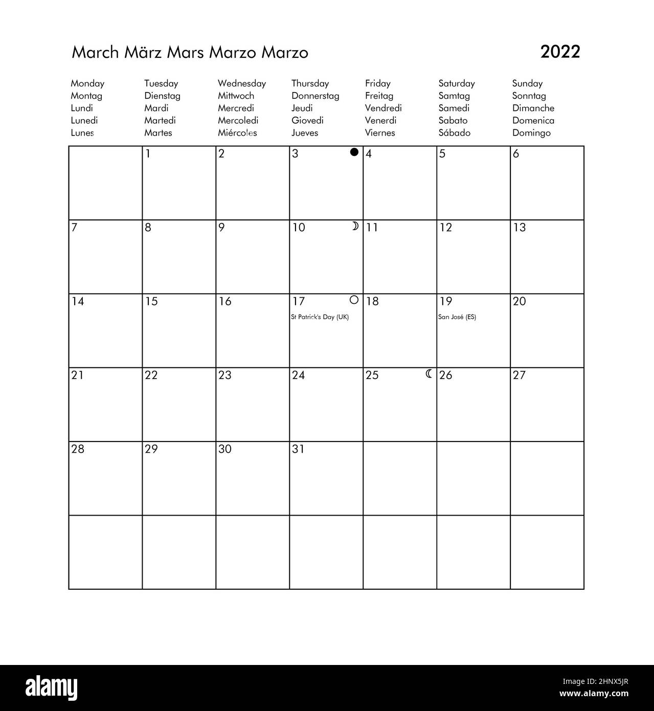 Internationaler Märzkalender des Jahres 2022 mit Feiertagen und Feiertagen für UK USA Deutschland Frankreich Italien Spanien Stockfoto