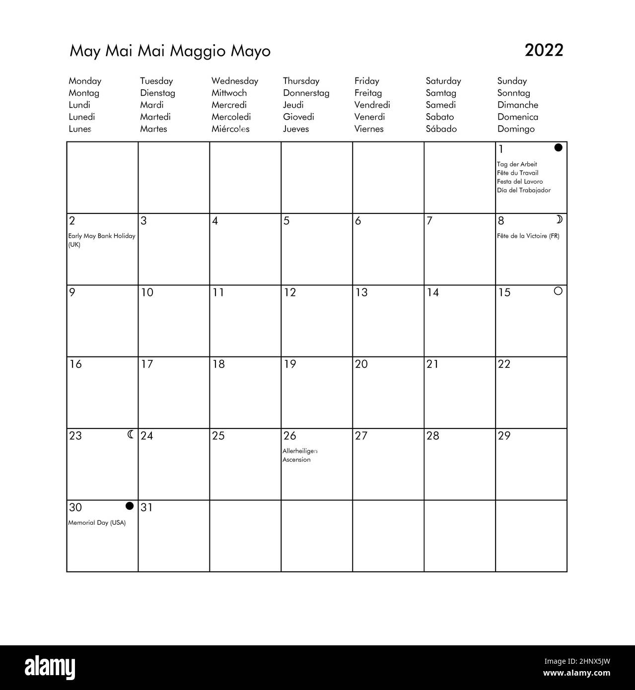 Mai Internationaler Jahreskalender 2022 mit Feiertagen und Feiertagen für UK USA Deutschland Frankreich Italien Spanien Stockfoto