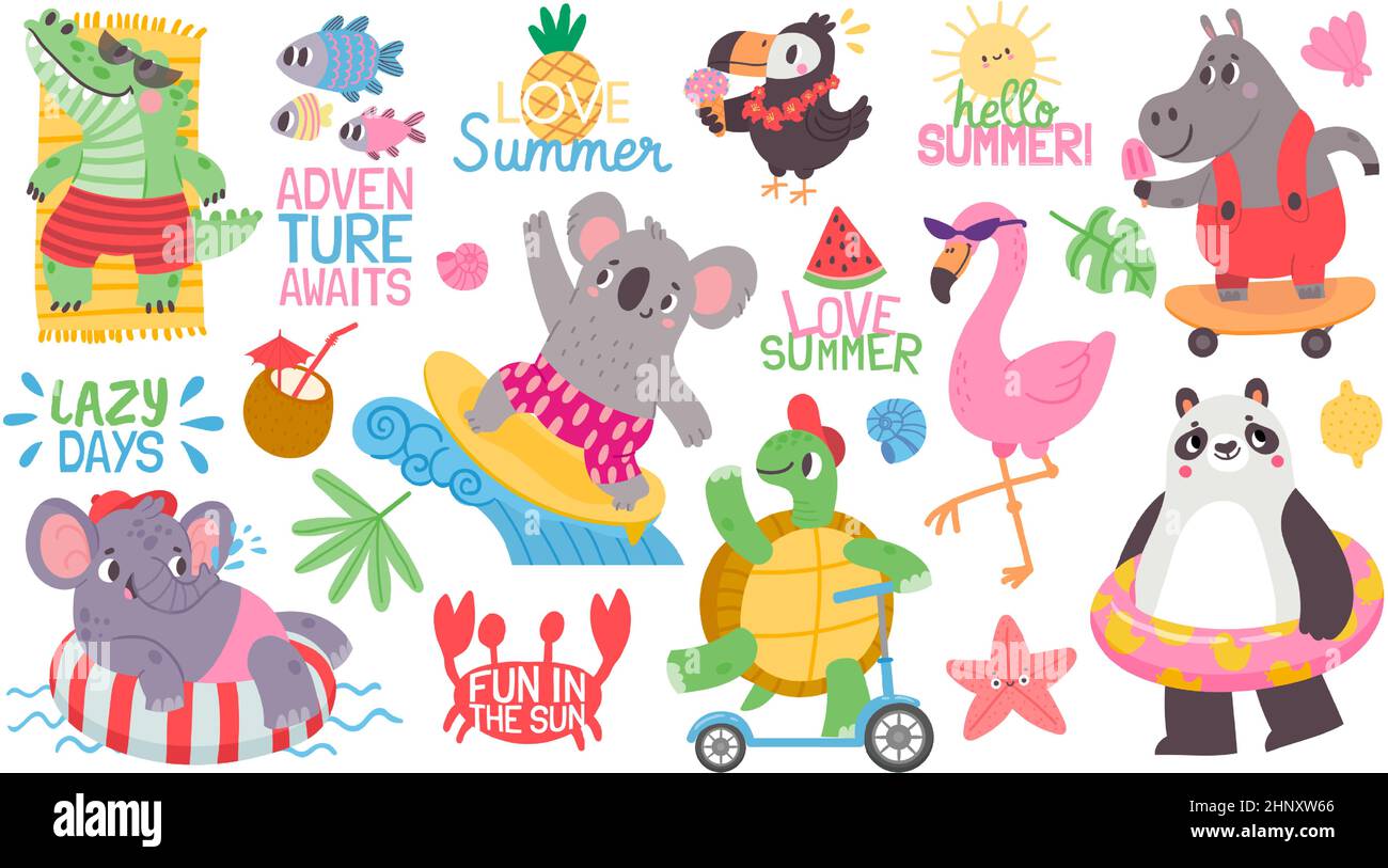 Cartoon Kind Tier Sommerurlaub Aktivität am Strand. Koala Surfer, Flamingo und Elefant schwimmen auf einem aufblasbaren Ring. Vektor-Set für tropische Partys. Schildkröte r Stock Vektor