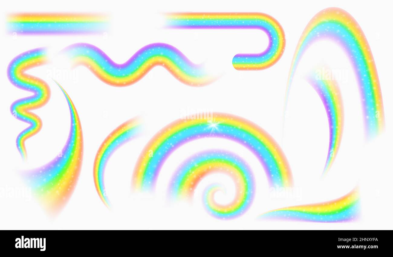 Realistische magische Regenbogenwellen mit Sternen und Glitzereffekt. Fantasy viel Glück regen Bogen. Rainbow farbige Form, Kurve und Spiralvektor-Set. Glühend Stock Vektor