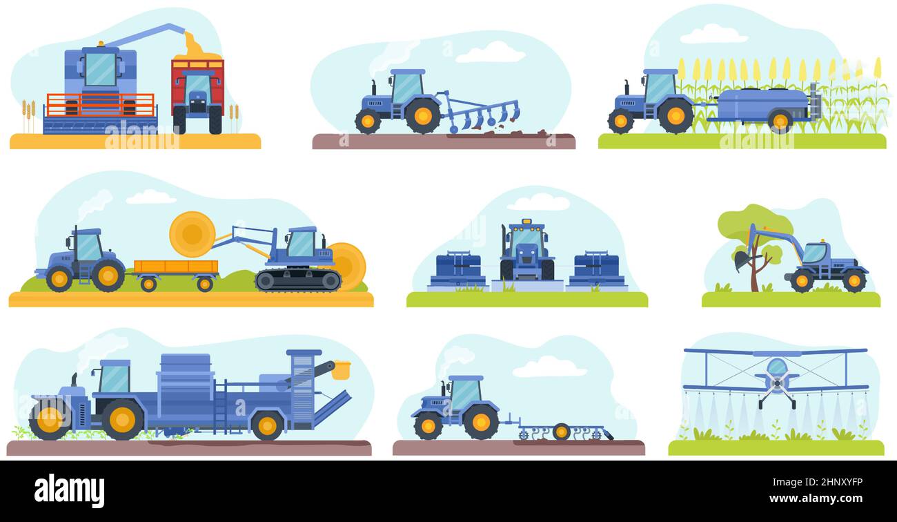Landmaschinen arbeiten auf dem Feld, graben Boden, Wasser und Ernte. Kombinieren Sie Maschinen für Getreide und Mais. Flat Farm Equipment Vektor-Set. Sprühen Stock Vektor