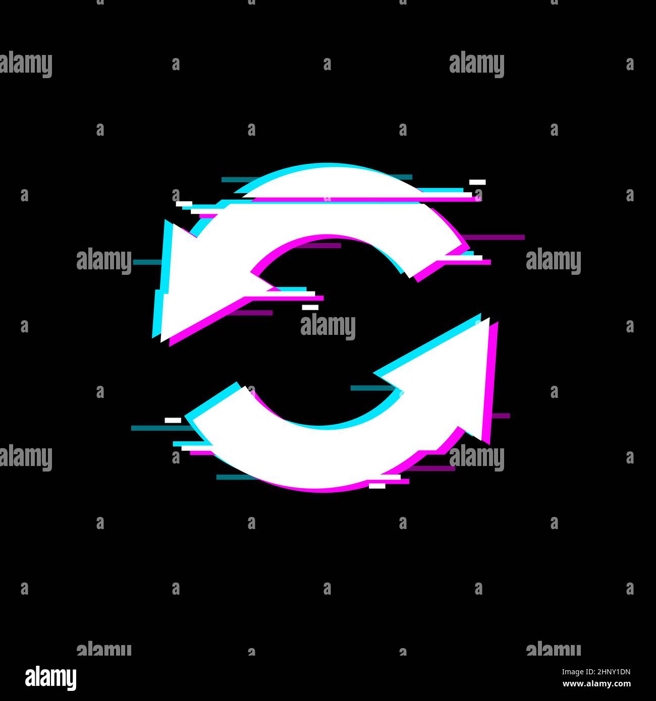 Aktualisieren oder neu laden Taste mit Glitch-Effekt isoliert rotierende Pfeile im Kreis. Vektor-Ladezeichen, Neustart-Emblem auf dem Computerdisplay. Bug Fehler o Stock Vektor