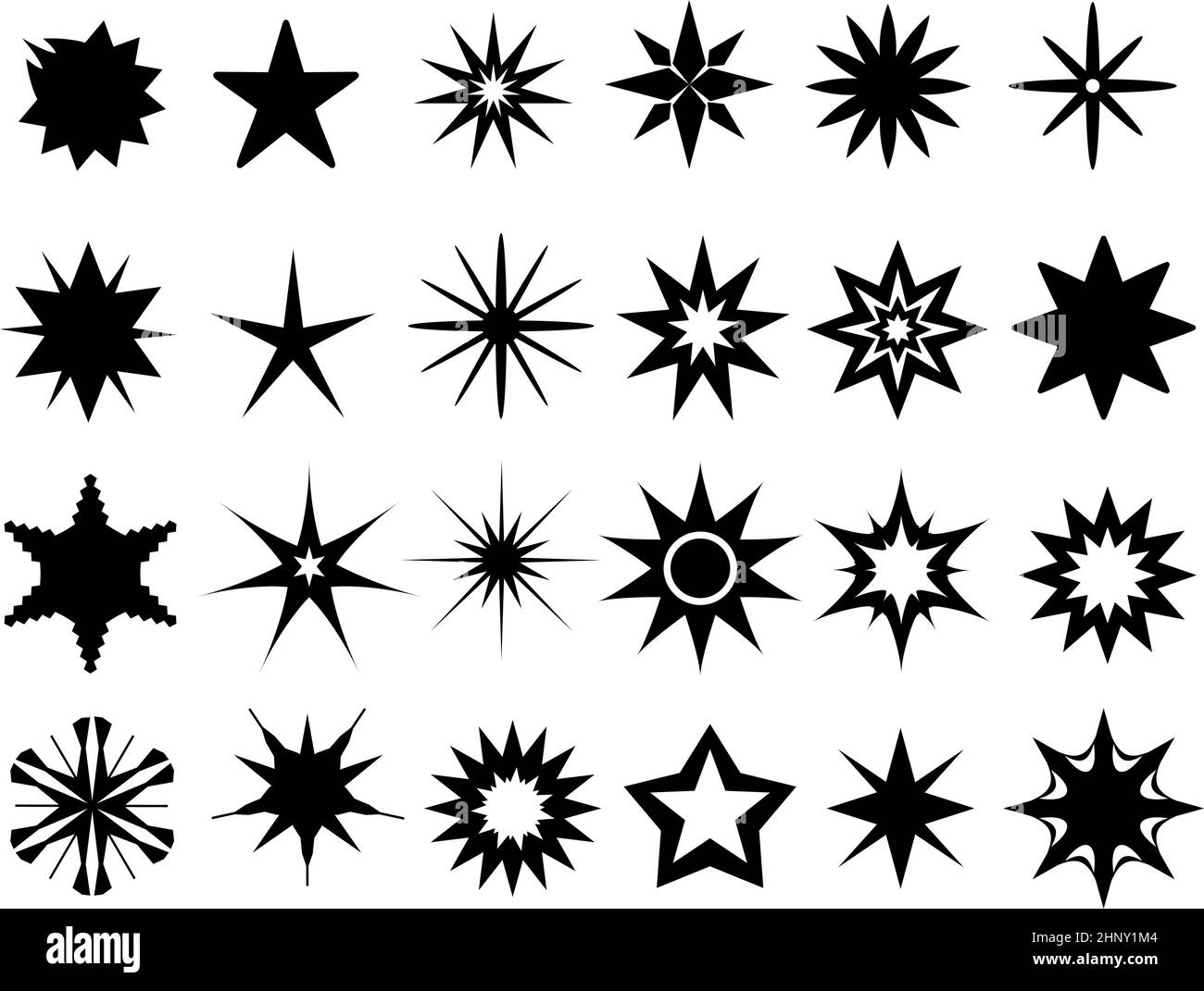 Flache glitzernde Sterne, schwarze Silhouetten, Logodesigns. Funkeln magische Sternsymbole. Funkelt und Glitzerpartikel Formen. Vektorsatz für Sternsymbole. Glühend Stock Vektor