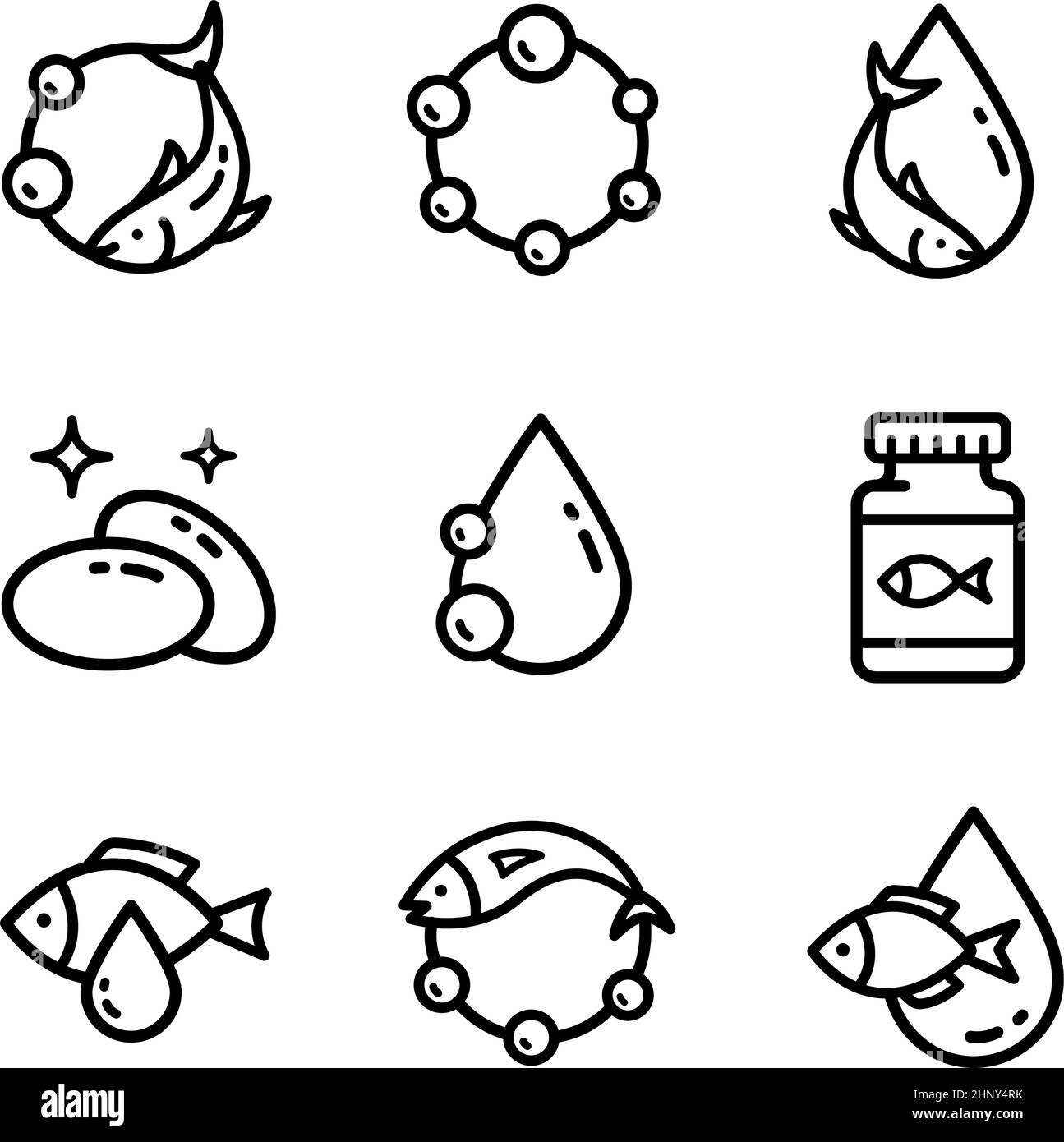 Symbol für Fischöl auf weißem Hintergrund isoliert. Fischöl Vektor Zeichen Sammlung. Vorlage für Vitamin Omega 3. Tropfen und Fisch Silhouette. Konturstil Stock Vektor