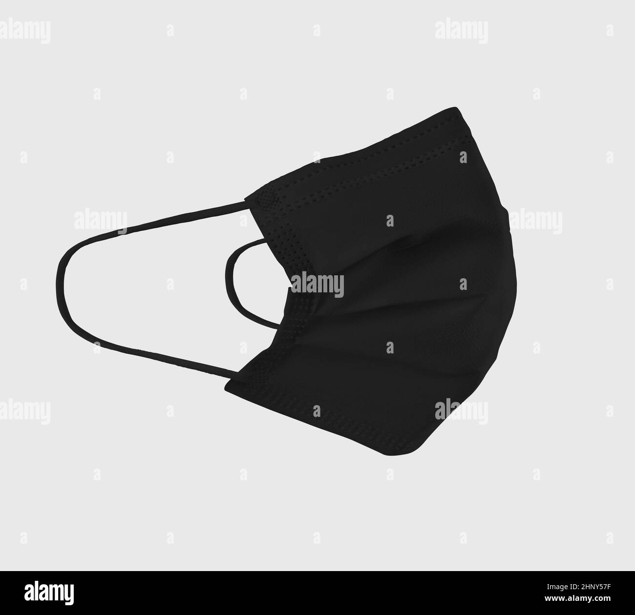 Schwarzes OP-Maskenmodell, 3D Rendering, Seitenansicht, Platz für Design-Präsentation, Muster. Schutz der Gesundheit vor Viren, Grippe. Atemschutzmaske mit e Stockfoto